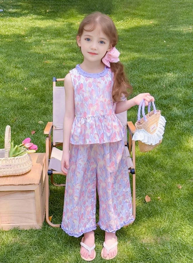 Take Two Girls Floral Print Ruffle Neck Top and Pants Set