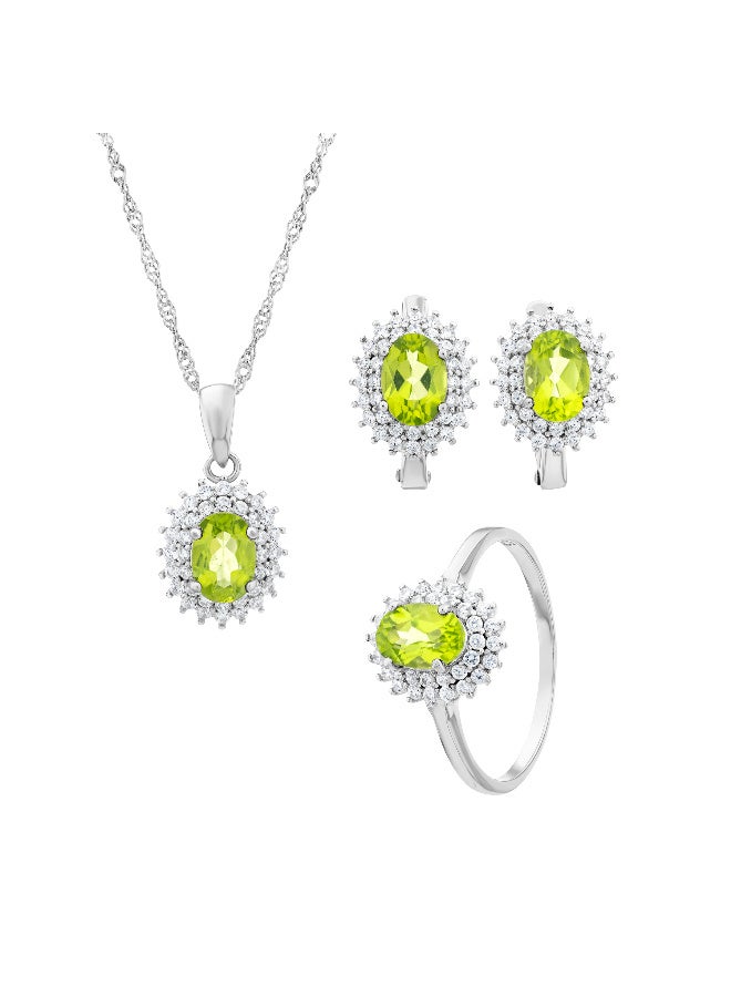 Genuine Peridot & Zirconia Silver Set Ring, Pendant & Earrings