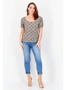 Zero Women Square Neck Short Sleeve Allover Print Top, Brown  - Image 4