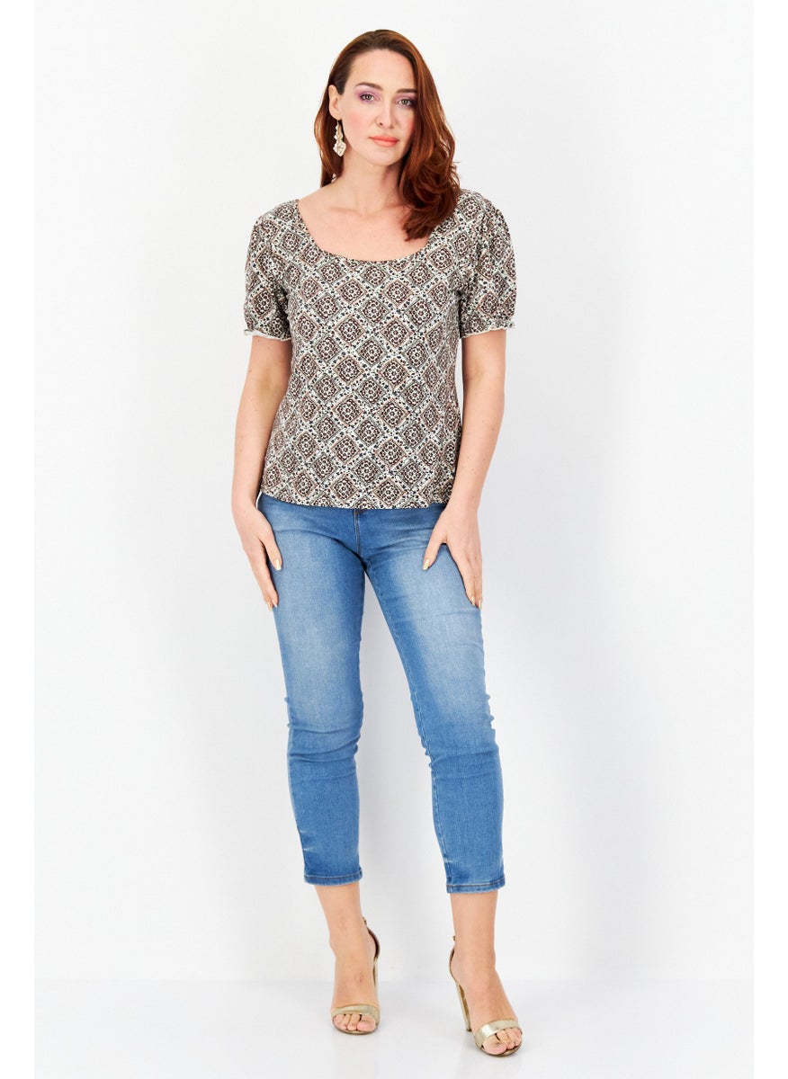 Zero Women Square Neck Short Sleeve Allover Print Top, Brown  - Image 4