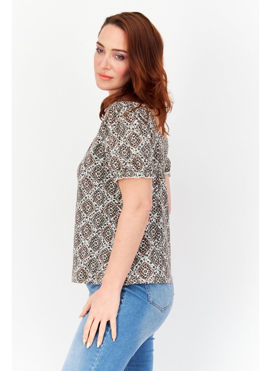 Zero Women Square Neck Short Sleeve Allover Print Top, Brown  - Image 3