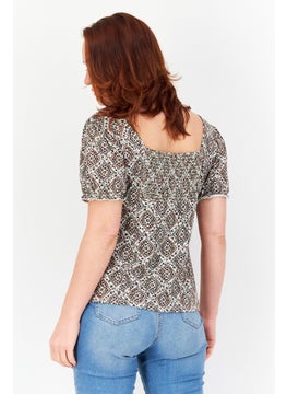 Zero Women Square Neck Short Sleeve Allover Print Top, Brown  - Image 2