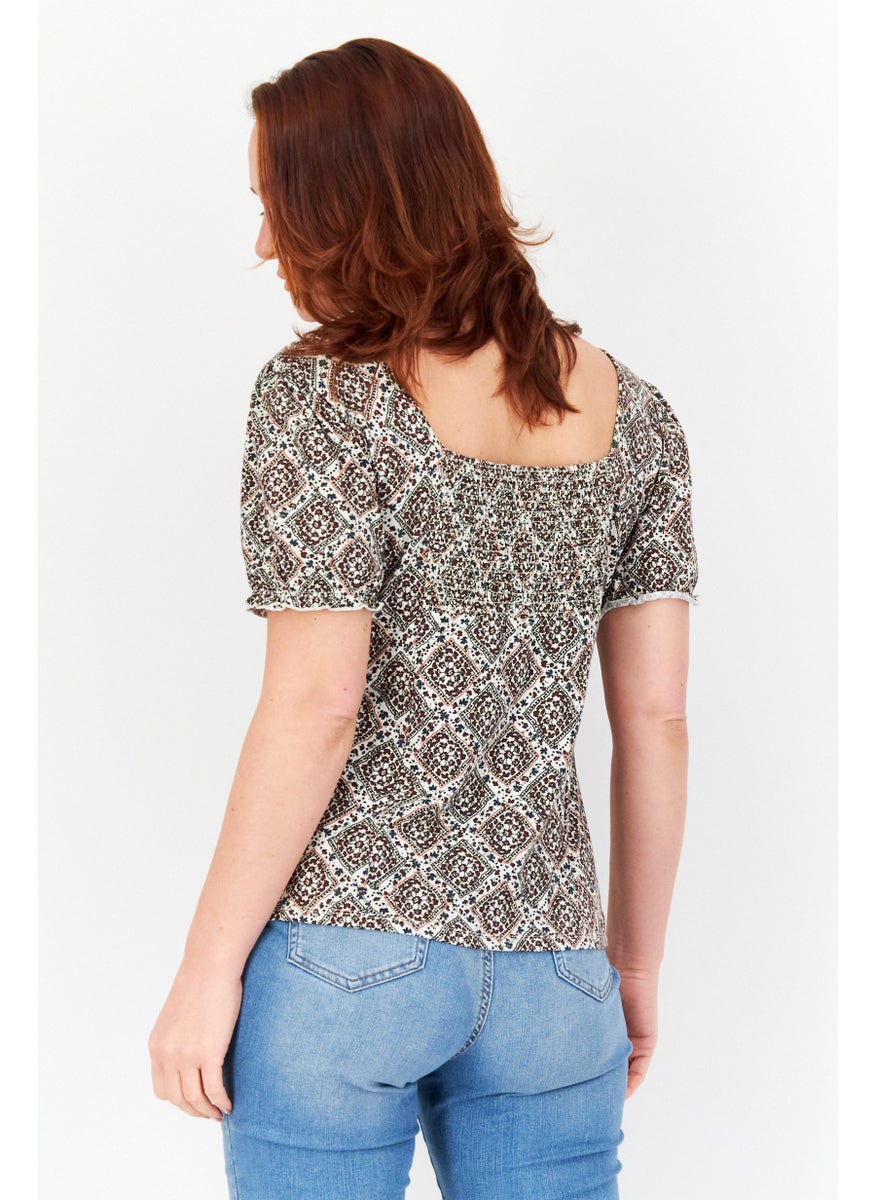 Zero Women Square Neck Short Sleeve Allover Print Top, Brown  - Image 2