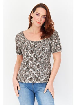 Zero Women Square Neck Short Sleeve Allover Print Top, Brown  - Image 1
