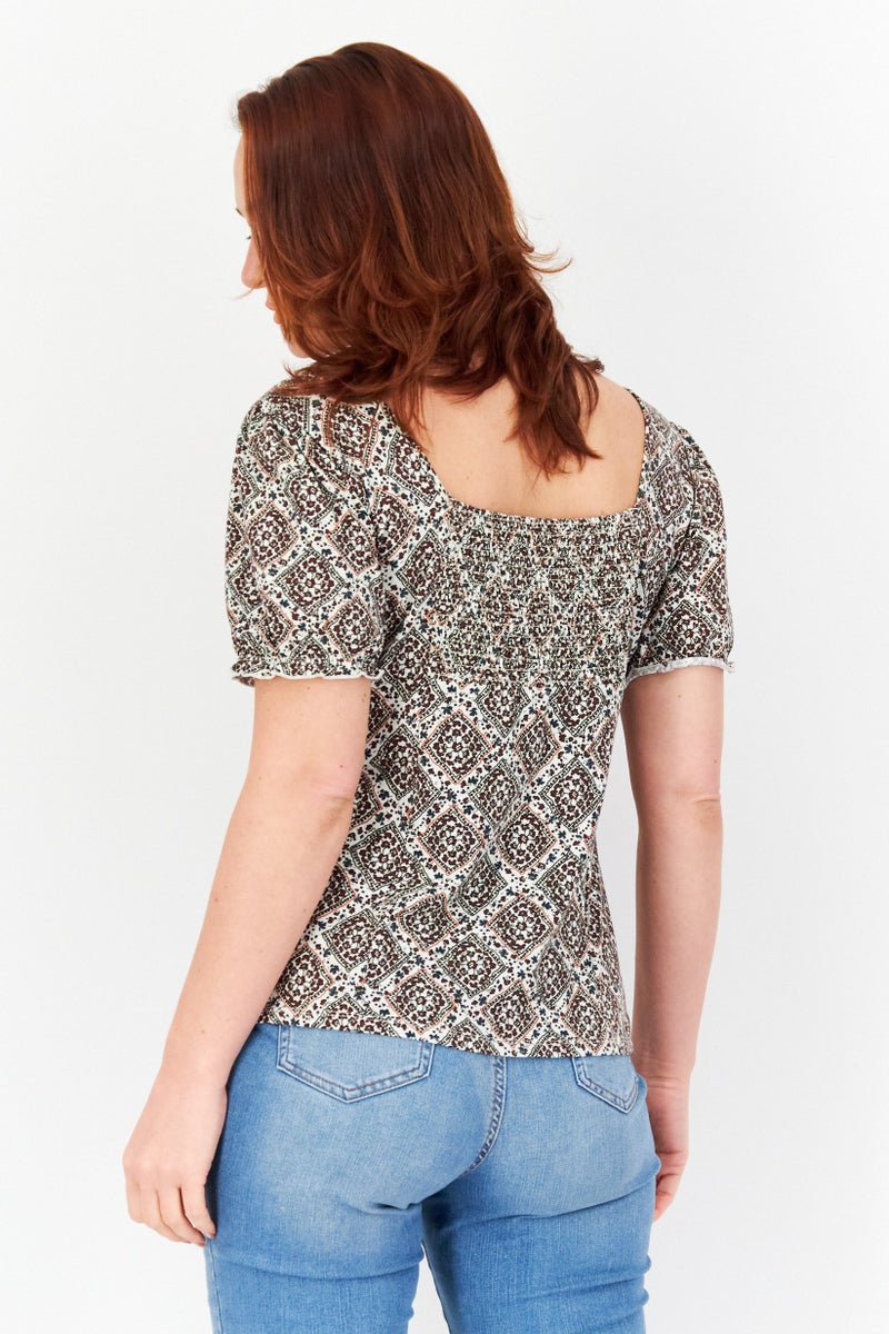 Zero Women Square Neck Short Sleeve Allover Print Top, Brown - Image 4