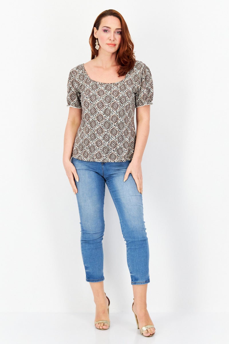 Zero Women Square Neck Short Sleeve Allover Print Top, Brown - Image 4
