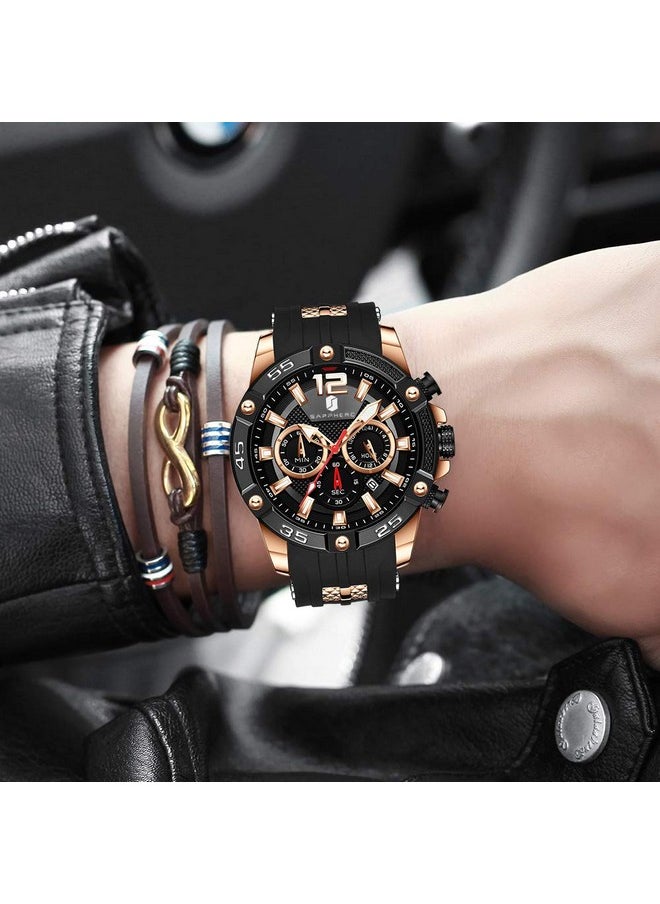 Sapphero - Sapphero Mens Watches Men's Quartz Movement Chronograph Date Calendar Silicone Strap 30M Waterproof Black Blue Men's Watches Wristwatch Gifts for Men - Image 1