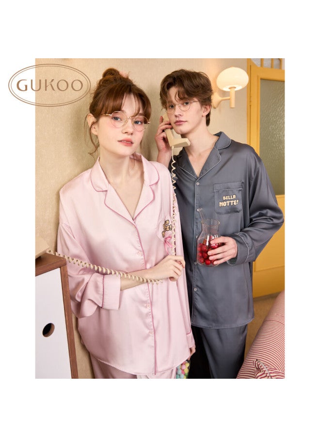 Gukoo Couples Pajamas Spring And Autumn Comfortable Cartoon Lapel Women's Homewear Set Men's Pajamas Dark Charcoal L - Image 3