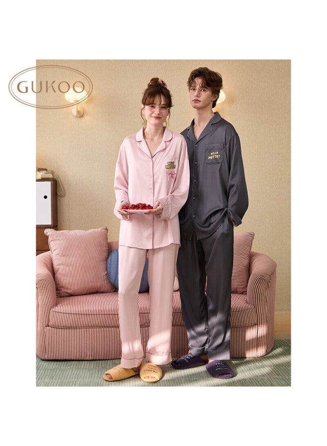 Gukoo Couples Pajamas Spring And Autumn Comfortable Cartoon Lapel Women's Homewear Set Men's Pajamas Dark Charcoal L - Image 1