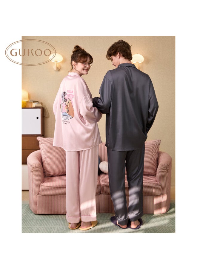 Gukoo Couples Pajamas Spring And Autumn Comfortable Cartoon Lapel Women's Homewear Set Men's Pajamas Dark Charcoal L - Image 4