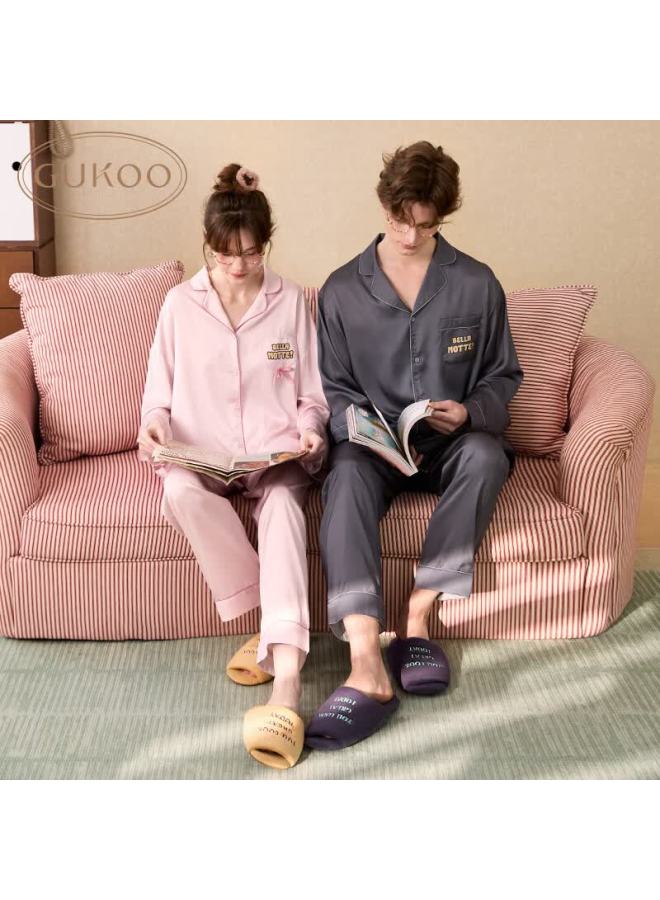 Gukoo Couples Pajamas Spring And Autumn Comfortable Cartoon Lapel Women's Homewear Set Men's Pajamas Dark Charcoal L - Image 2