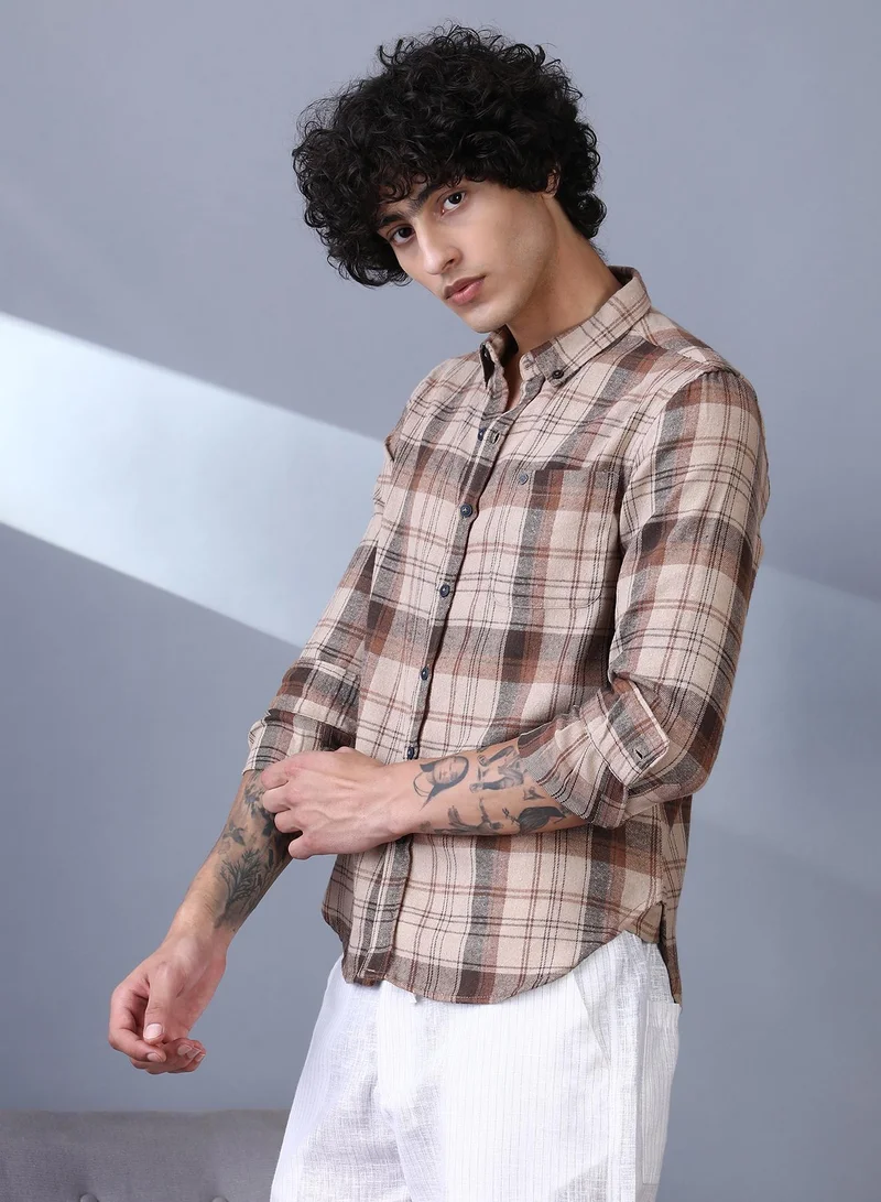Campus Sutra  Men's Ash Brown Tartan Regular Shirt for Men | Best Price UAE