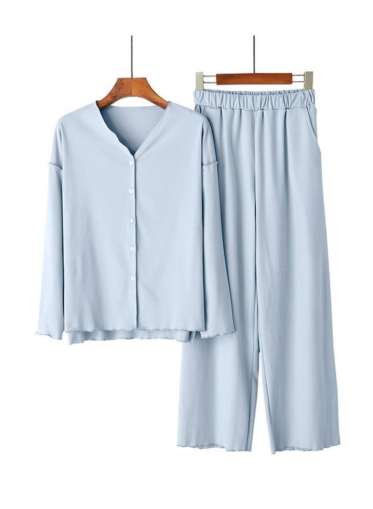 Loquat Women's Solid Color 2-Piece Set Loose Nightgown Sleepwear Long Sleeve V-Neck Top And Pants Soft Loungewear Wear Warm Pajamas Suit Light Blue 