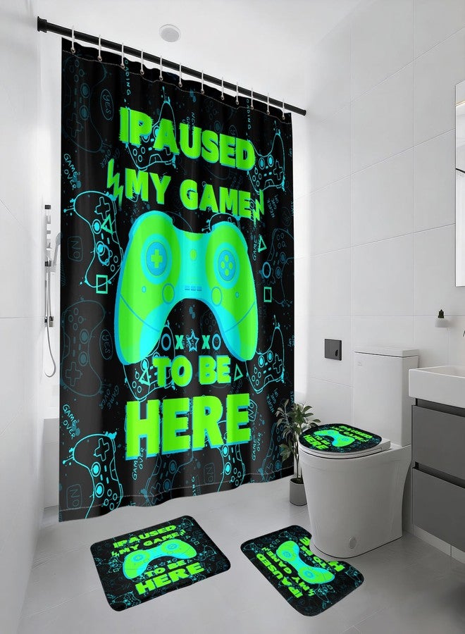 Kossmjx ستائر حمام Kossmjx Gamer للأولاد، طقم ستائر حمام أخضر مكون من 4 قطع، طقم حمام وسجاد بنمط ألعاب فيديو مع 12 خطافًا، 70 بوصة × 70 بوصة - Image 1