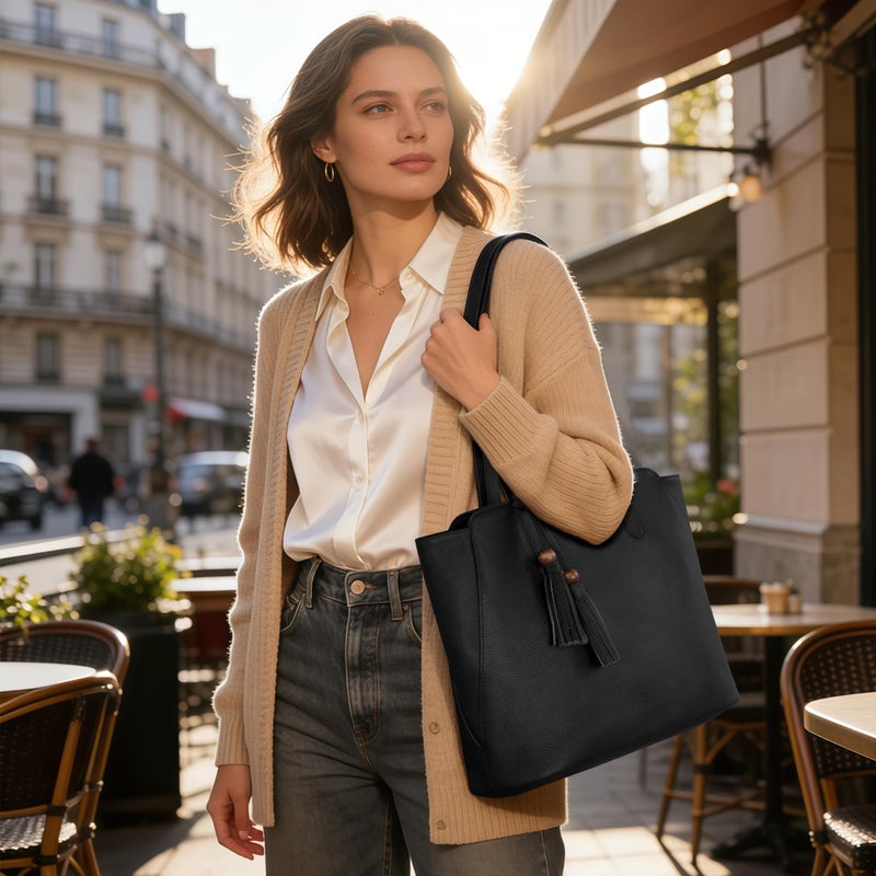 befen Genuine Leather Tote Bag for Women Work, Womens Tote Bag, Casual Leather Large Purses Black Leather Shoulder Bag with Compartments for Shopping Office Travel Daily Use - Image 2