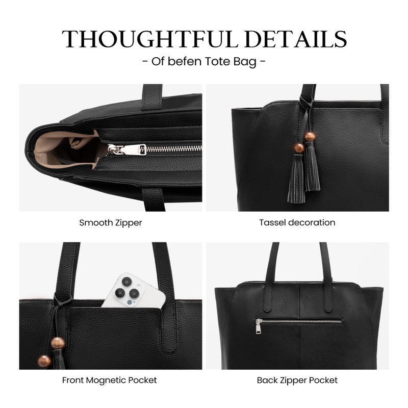befen Genuine Leather Tote Bag for Women Work, Womens Tote Bag, Casual Leather Large Purses Black Leather Shoulder Bag with Compartments for Shopping Office Travel Daily Use - Image 5