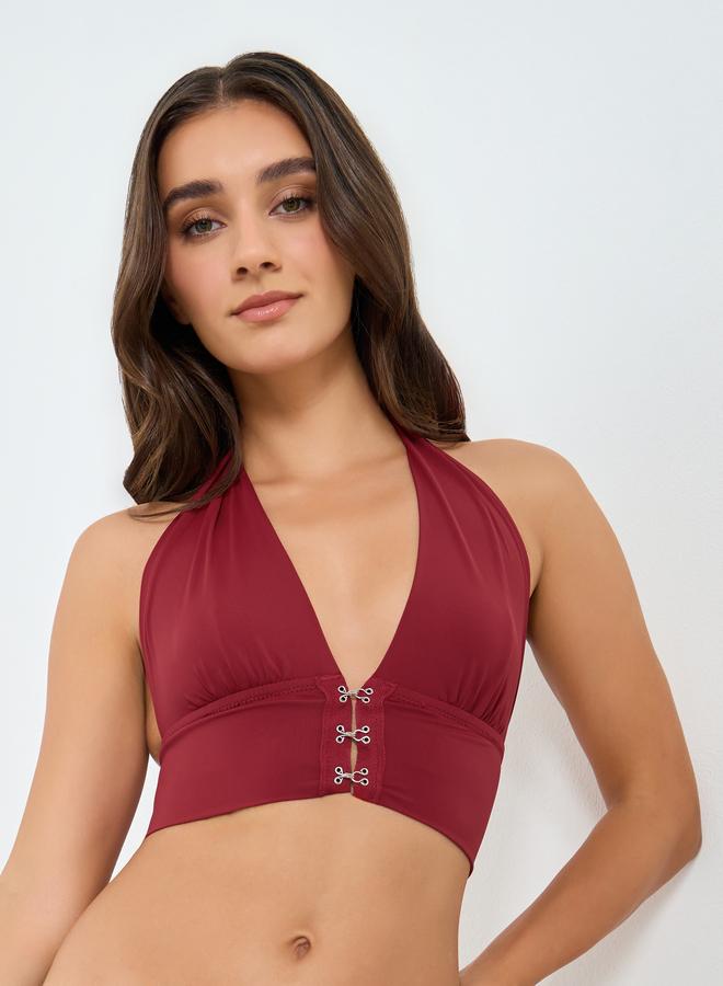 Take Two Solid Hanging Neck Metal Buckle Front Detail Non Wired Bra - Image 1