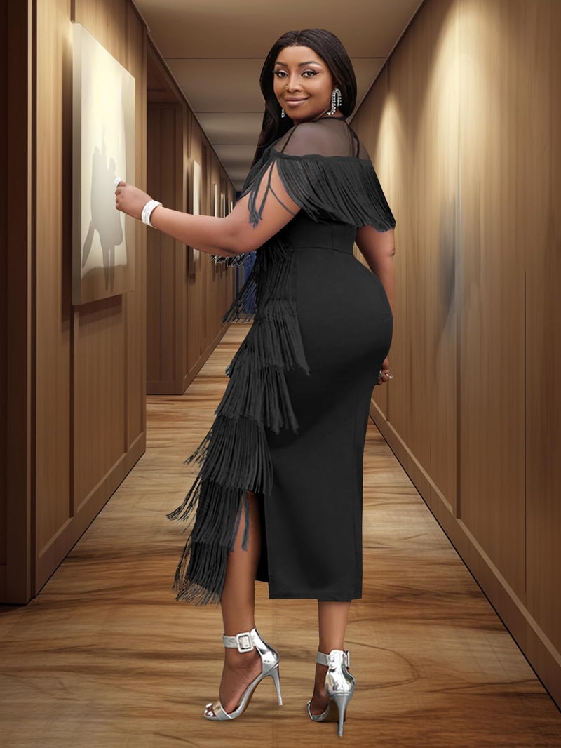 AOMEI Women's Black Mesh See Through Crewneck Patchwork Tassel Tiered Fringe Long Dress (2XL,XX-Large) - Image 3