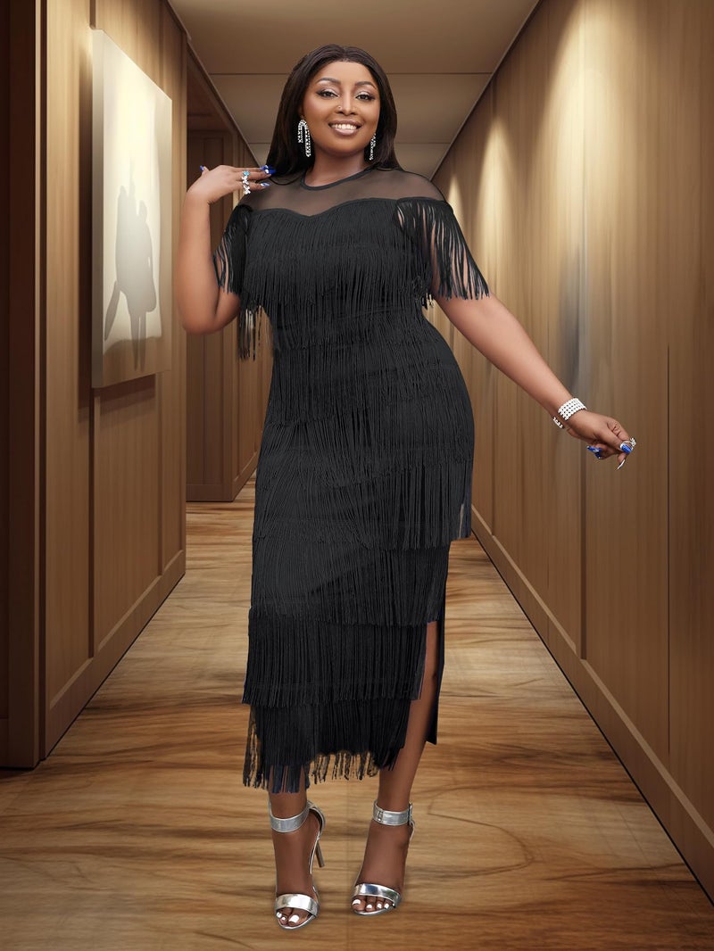 AOMEI Women's Black Mesh See Through Crewneck Patchwork Tassel Tiered Fringe Long Dress (2XL,XX-Large) - Image 2