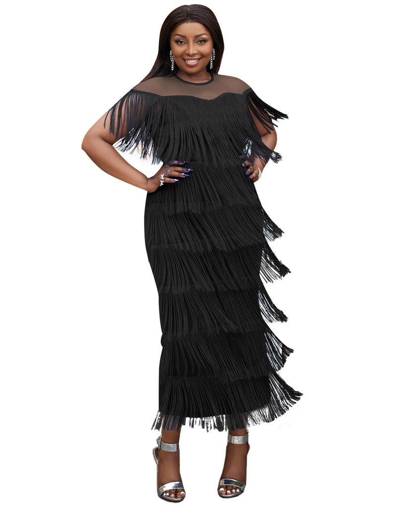 AOMEI Women's Black Mesh See Through Crewneck Patchwork Tassel Tiered Fringe Long Dress (2XL,XX-Large) - Image 1