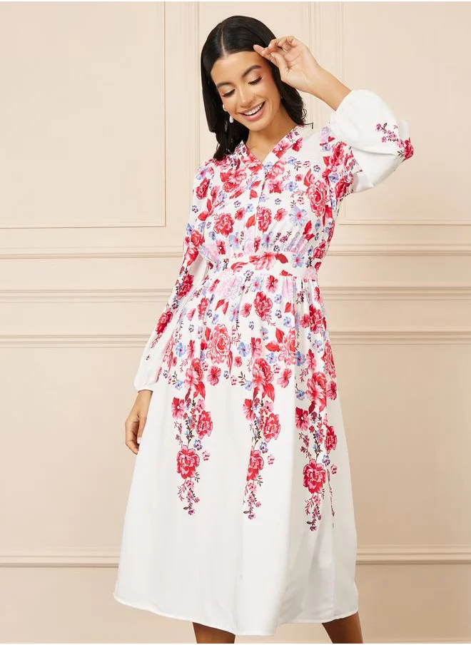 Styli Flora Print V Neck A-Line Midi Dress