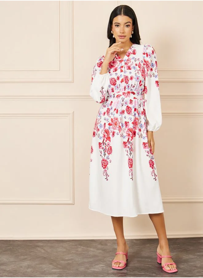 Styli Flora Print V Neck A-Line Midi Dress