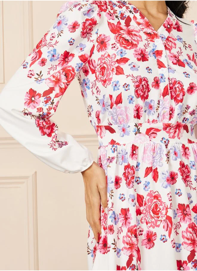 ستايلي Flora Print V Neck A-Line Midi Dress