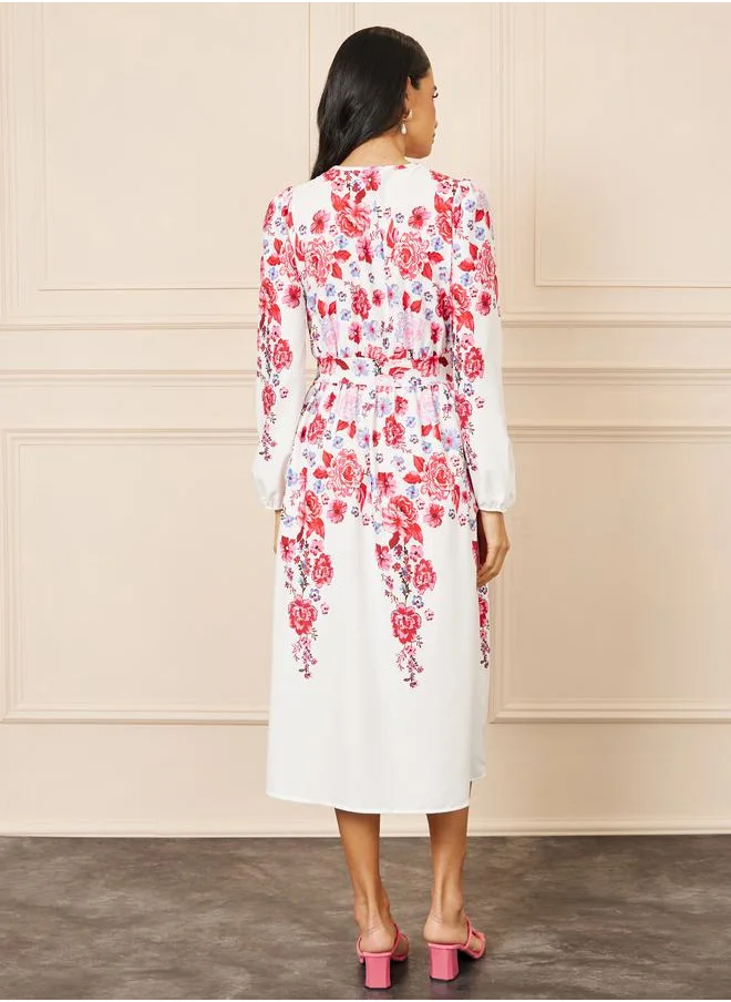 ستايلي Flora Print V Neck A-Line Midi Dress