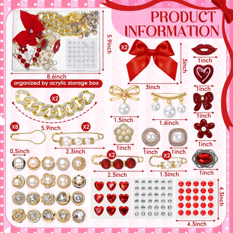 Trnayi 120 Pcs Valentines Junk Socks Charms Kit, Gold Brooches and Pins for Women Christmas Gifts, Pearl and Gems Bows Shoe Charms with Safety Pins for DIY Hat Clothes Bags - Image 2