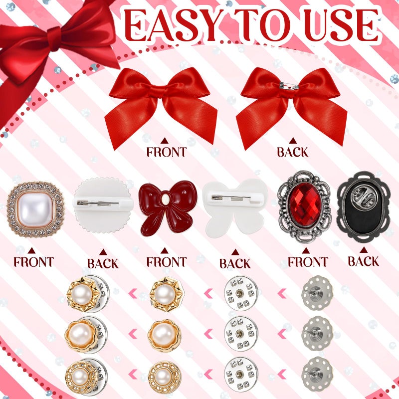 Trnayi 120 Pcs Valentines Junk Socks Charms Kit, Gold Brooches and Pins for Women Christmas Gifts, Pearl and Gems Bows Shoe Charms with Safety Pins for DIY Hat Clothes Bags - Image 5