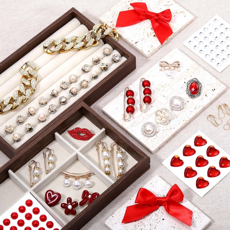 Trnayi 120 Pcs Valentines Junk Socks Charms Kit, Gold Brooches and Pins for Women Christmas Gifts, Pearl and Gems Bows Shoe Charms with Safety Pins for DIY Hat Clothes Bags - Image 3