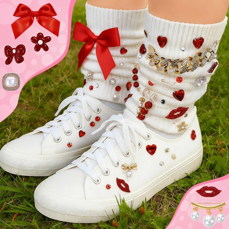 Trnayi 120 Pcs Valentines Junk Socks Charms Kit, Gold Brooches and Pins for Women Christmas Gifts, Pearl and Gems Bows Shoe Charms with Safety Pins for DIY Hat Clothes Bags - Image 4