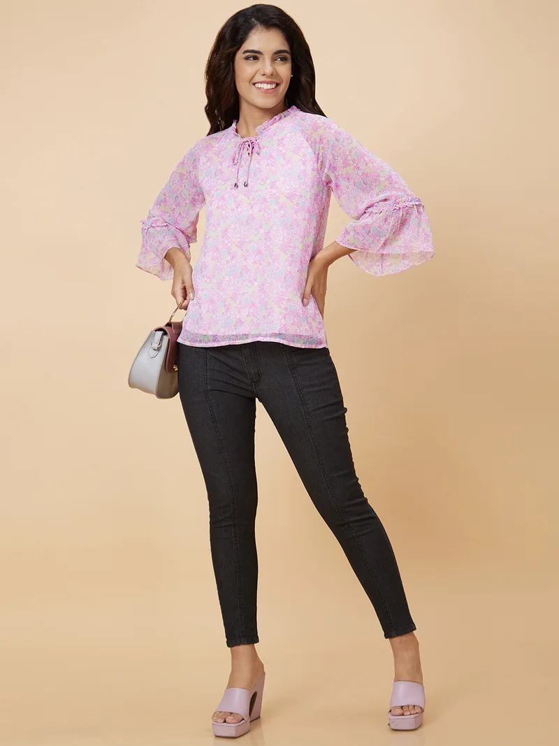 Women Lavender Floral Printed Tie-Up Neck Bell Sleeves Top