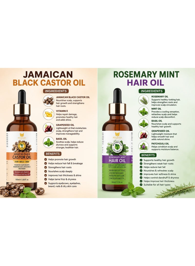 Ronalisa Hair Growth & Scalp Nourishing Duo | Jamaican Black Castor Oil & Rosemary Mint Oil | For Hair, Eyebrows & Eyelashes | 100% Natural - Image 2