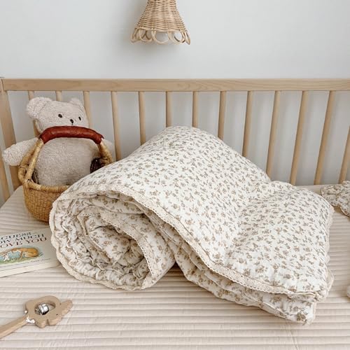 BuLuTu Beige Baby Blanket Flower Print Kid Quilt for Girls Boys Muslin Toddler Quilts for Kids Bed Breathable Comforter Bedding Decor Birthday Gifts Camellia Pattern 60x78 Inches - Image 1
