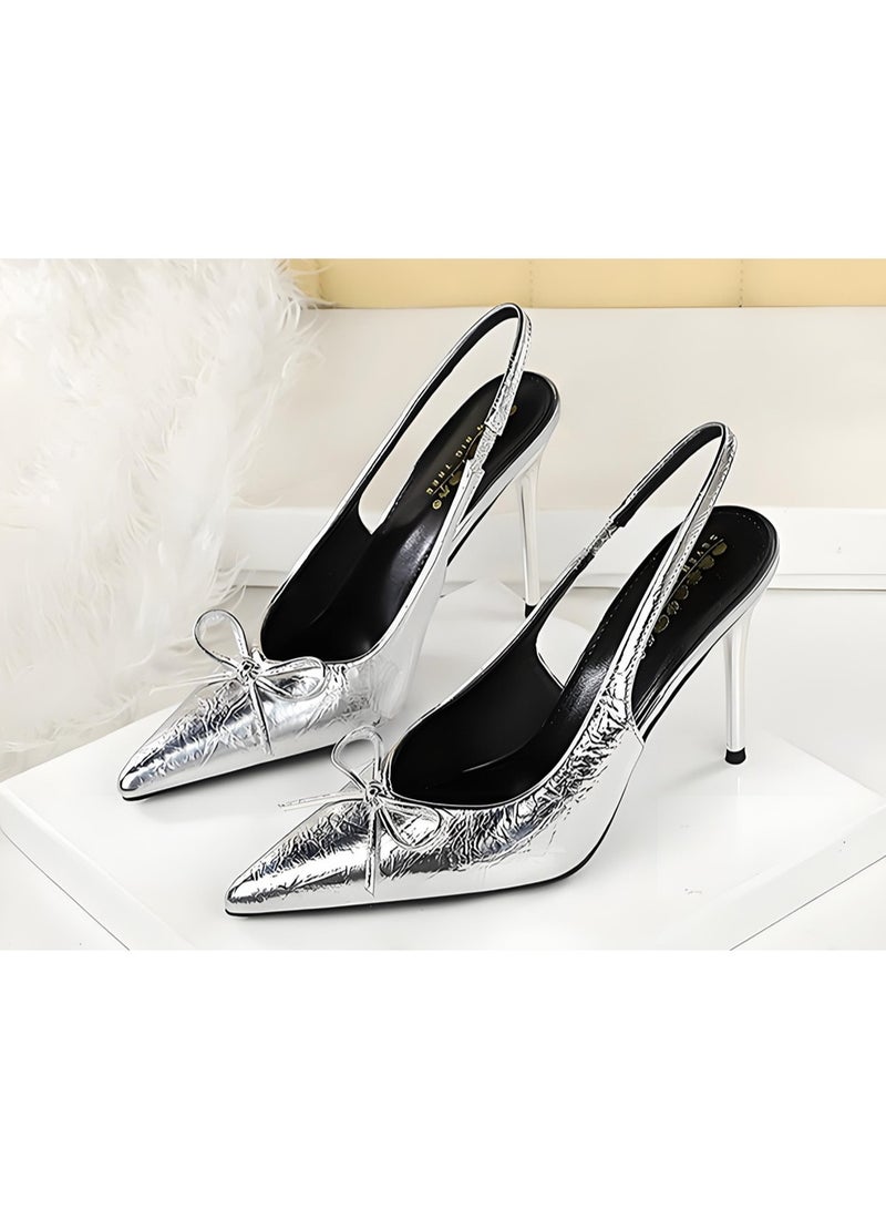 بيج تري المرأة قوس مغلق موجهة إصبع القدم مضخات سلينغباك ستيليتو كعب عالي صنادل فضية 9.5CM - Image 1