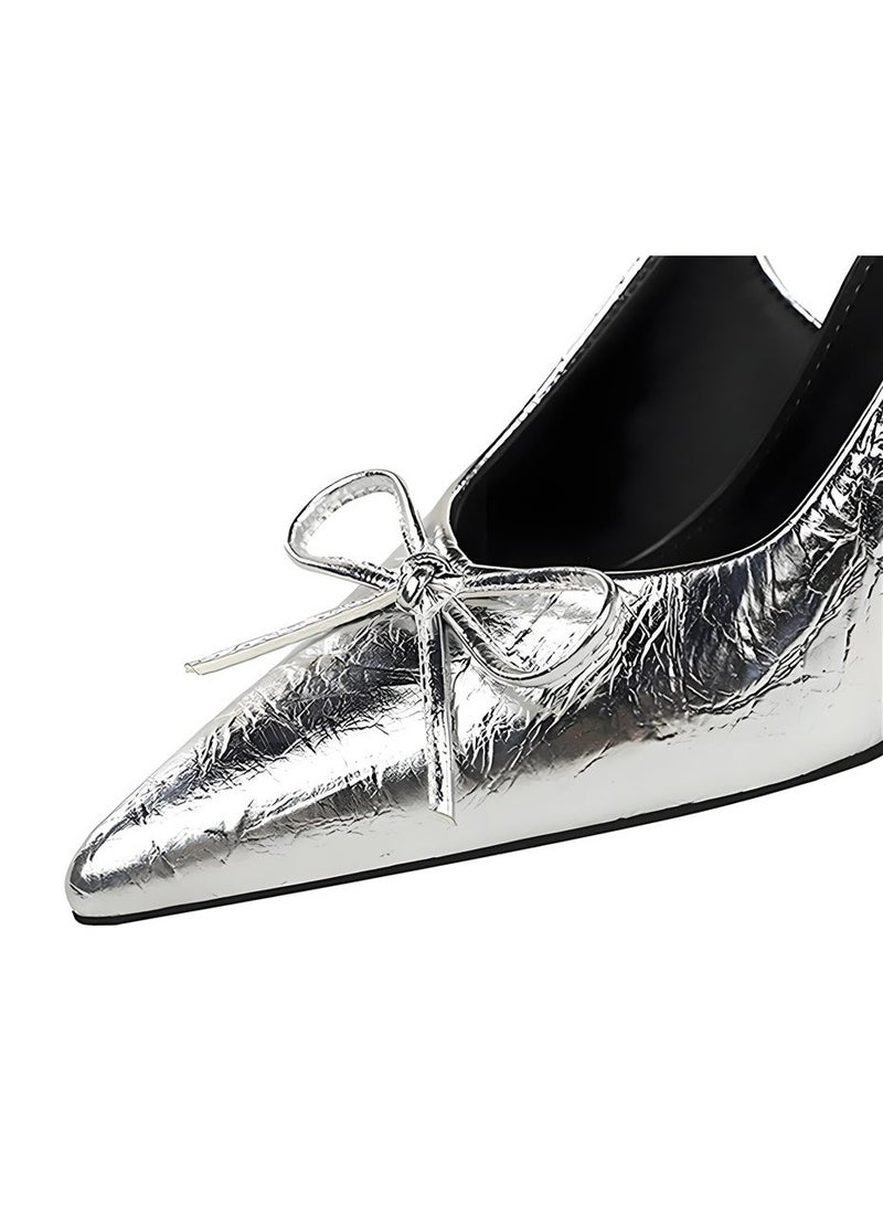 بيج تري المرأة قوس مغلق موجهة إصبع القدم مضخات سلينغباك ستيليتو كعب عالي صنادل فضية 9.5CM - Image 3