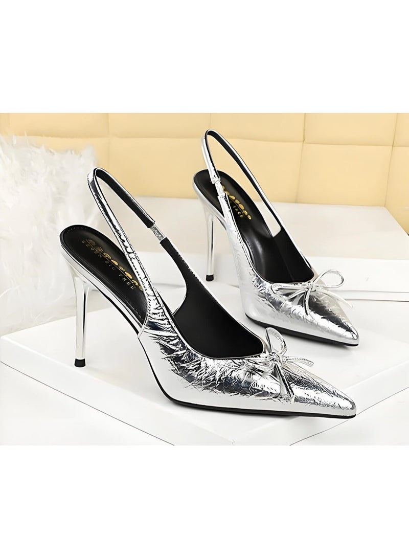 بيج تري المرأة قوس مغلق موجهة إصبع القدم مضخات سلينغباك ستيليتو كعب عالي صنادل فضية 9.5CM - Image 2