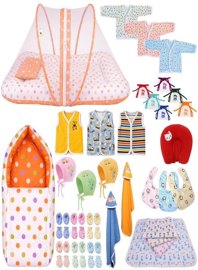 Kwitchy Newborn Baby Essentials Kit 39 Items Combo | New Born Kit 0-6 Months | Newborns Baby Set Clothes Bedding Bed with Mosquito Net | Infant Essentials & (Orange) - Image 1