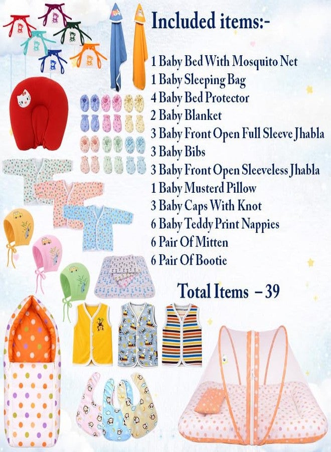 Kwitchy Newborn Baby Essentials Kit 39 Items Combo | New Born Kit 0-6 Months | Newborns Baby Set Clothes Bedding Bed with Mosquito Net | Infant Essentials & (Orange) - Image 3