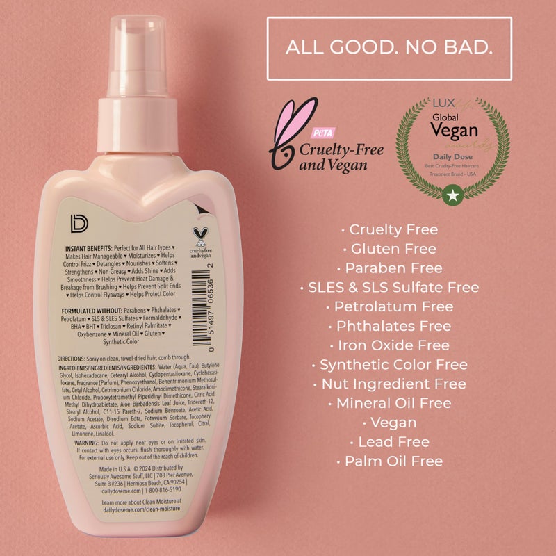 DAILY DOSE Award-Winning Clean Moisture Leave In Conditioner Spray Detangler for Dry, Damaged & Frizzy Hair. Instantly Softens, Smooths & Adds Shine for Kids & Adults. Vegan, Sulfate-Free, Color Safe - Image 3
