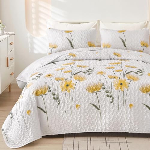Dinjoy Quilt Set King Floral Bedspread Coverlet Yellow Quilts Bedding Microfiber Lightweight Summer Reversible Soft Farmhouse Fall Plant Bed Cover Sets for All Season110x90 - Image 1