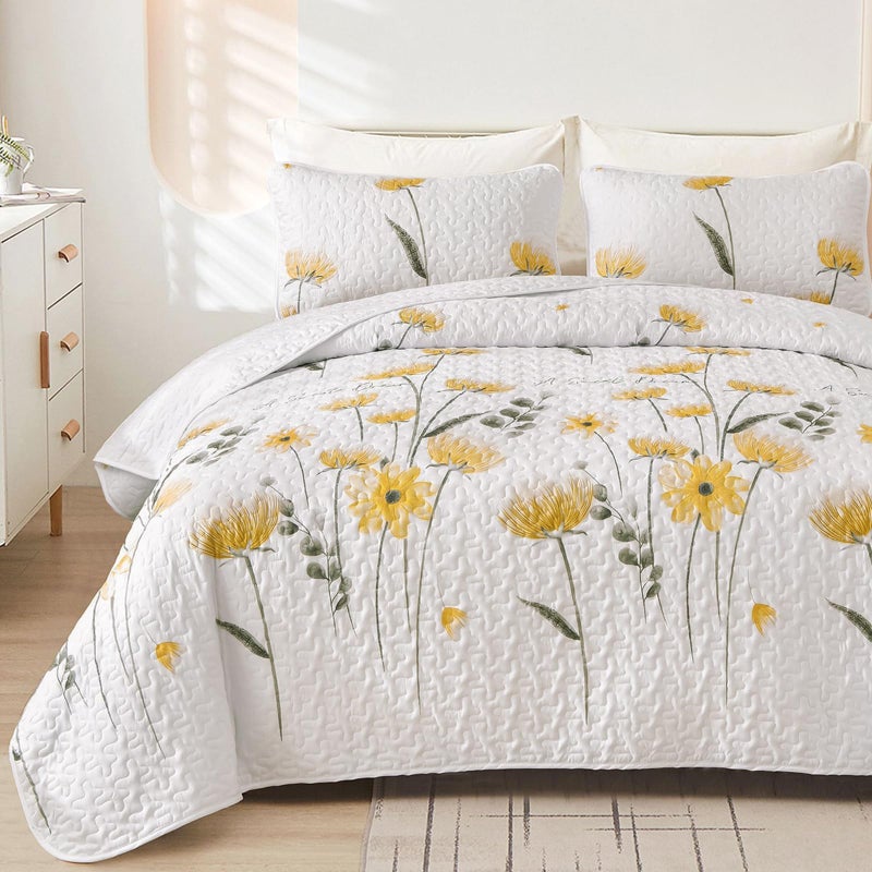 Dinjoy Quilt Set King Floral Bedspread Coverlet Yellow Quilts Bedding Microfiber Lightweight Summer Reversible Soft Farmhouse Fall Plant Bed Cover Sets for All Season110x90 - Image 2