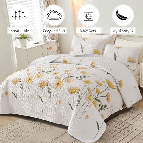 Dinjoy Quilt Set King Floral Bedspread Coverlet Yellow Quilts Bedding Microfiber Lightweight Summer Reversible Soft Farmhouse Fall Plant Bed Cover Sets for All Season110x90 - Image 3