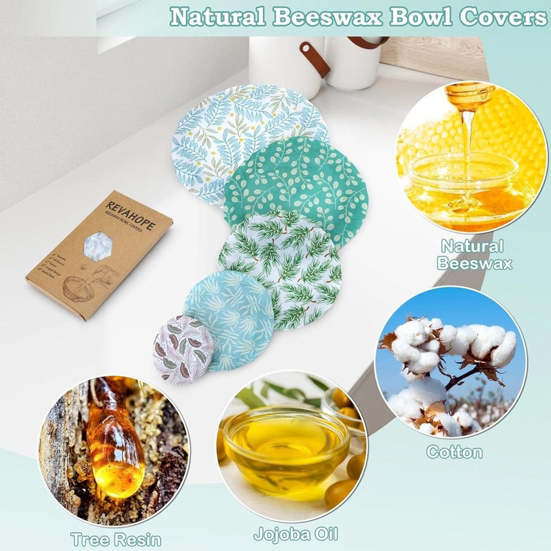 Revahope 5-Size Reusable Beeswax Bowl Covers for Bread Proofing, Cotton Cloth Flexible Beeswax Wraps for Food Storage(Green Leaves) - Image 3
