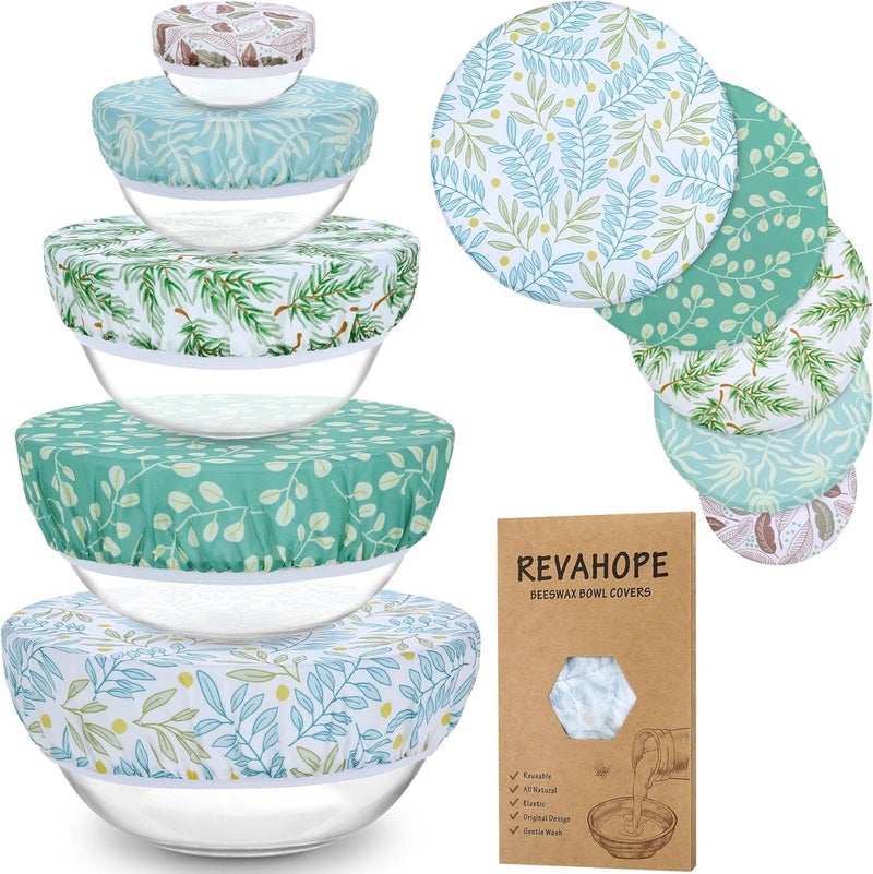 Revahope 5-Size Reusable Beeswax Bowl Covers for Bread Proofing, Cotton Cloth Flexible Beeswax Wraps for Food Storage(Green Leaves) - Image 1