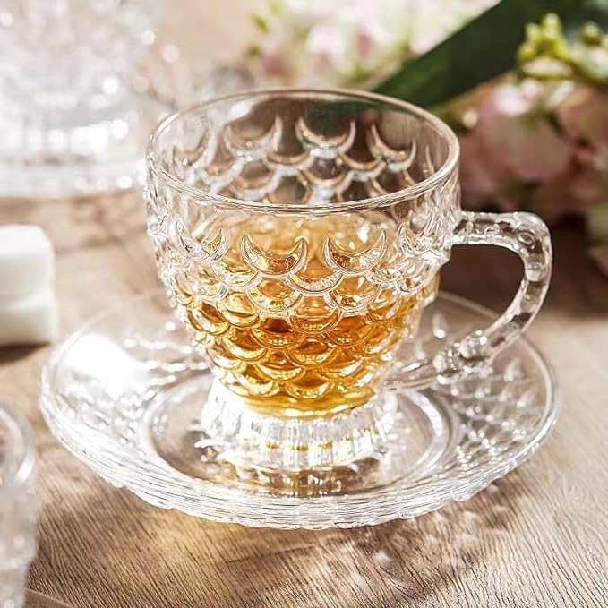 MARTVIA Premium Classic Glass Tea & Coffee Cup and Saucer - 250 ML, for hot Chocolate, Cups and Saucer Set for Coffee, Green Tea, Herbal Tea, Lemon Tea More,(Flower Set, 6 Cup and 6 Saucer) - Image 1