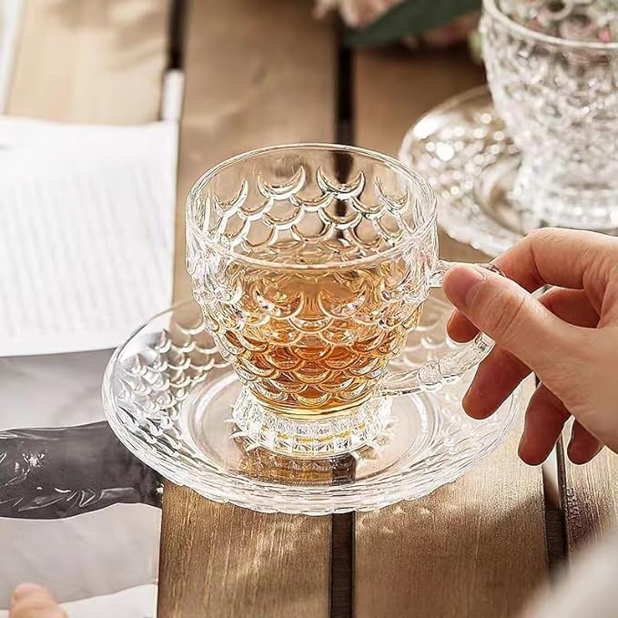 MARTVIA Premium Classic Glass Tea & Coffee Cup and Saucer - 250 ML, for hot Chocolate, Cups and Saucer Set for Coffee, Green Tea, Herbal Tea, Lemon Tea More,(Flower Set, 6 Cup and 6 Saucer) - Image 5