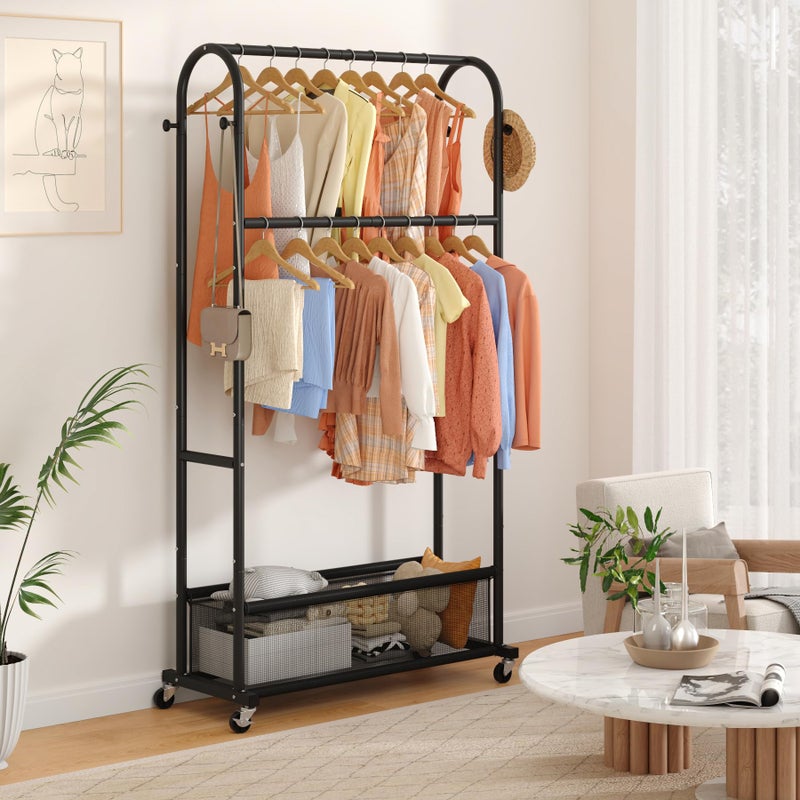 MOYIPIN Double Rods Clothing Rack with Wheels,Clothing Organizer for Hanging Clothes Coat Scarves Bags,Multi-functional Bedroom Garment Rack,4 Hooks,Black - Image 3