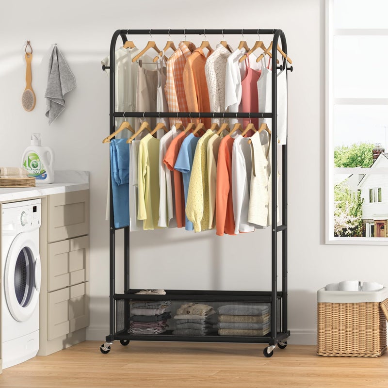 MOYIPIN Double Rods Clothing Rack with Wheels,Clothing Organizer for Hanging Clothes Coat Scarves Bags,Multi-functional Bedroom Garment Rack,4 Hooks,Black - Image 5